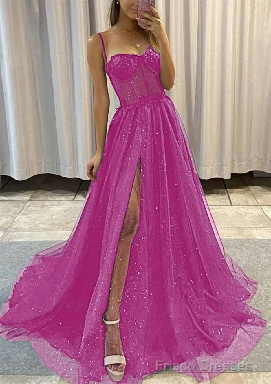 A-line Sweetheart Spaghetti Straps Sweep Train Tulle Glitter Prom Dresses With Appliqued