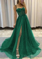 A-line Sweetheart Spaghetti Straps Sweep Train Tulle Glitter Prom Dresses With Appliqued