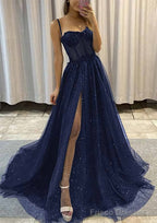 A-line Sweetheart Spaghetti Straps Sweep Train Tulle Glitter Prom Dresses With Appliqued