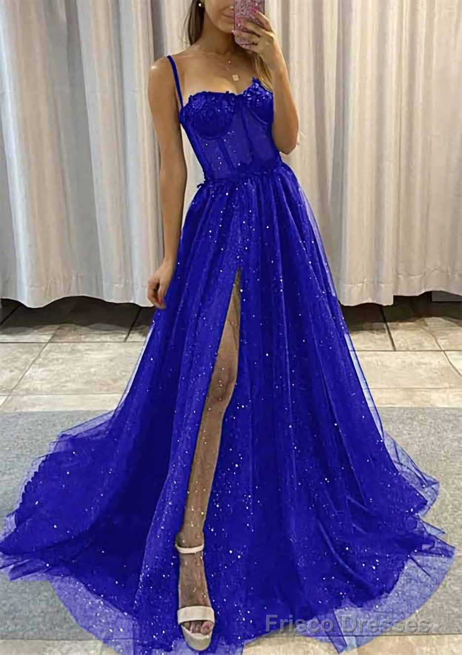 strapless open back dress A-line Sweetheart Spaghetti Straps Sweep Train Tulle Glitter Prom Dres –  Frisco Dresses