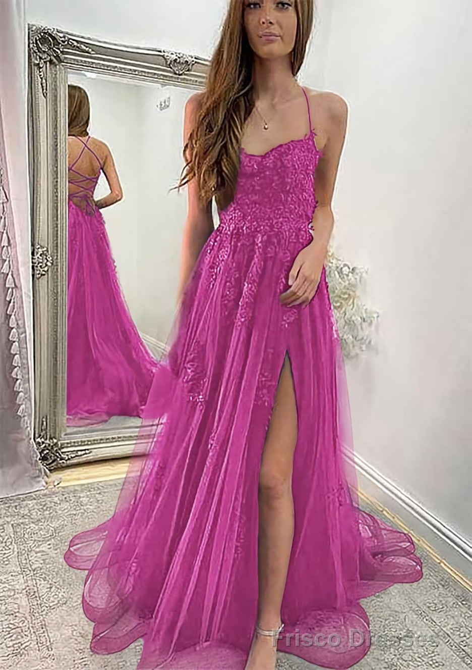 A-line Sweetheart Spaghetti Straps Sweep Train Tulle Prom Dresses With Appliqued Split