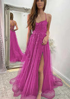 A-line Sweetheart Spaghetti Straps Sweep Train Tulle Prom Dresses With Appliqued Split