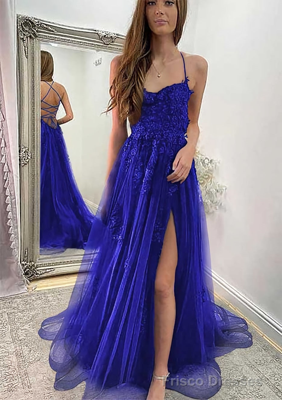 A-line Sweetheart Spaghetti Straps Sweep Train Tulle Prom Dresses With Appliqued Split