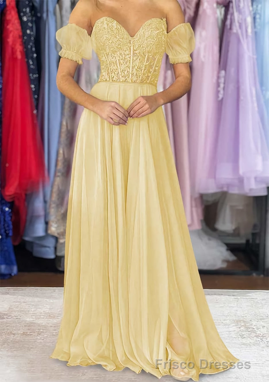 A-line Sweetheart Strapless Long/Floor-Length Chiffon Prom Dresses with Detachable Balloon Sleeves