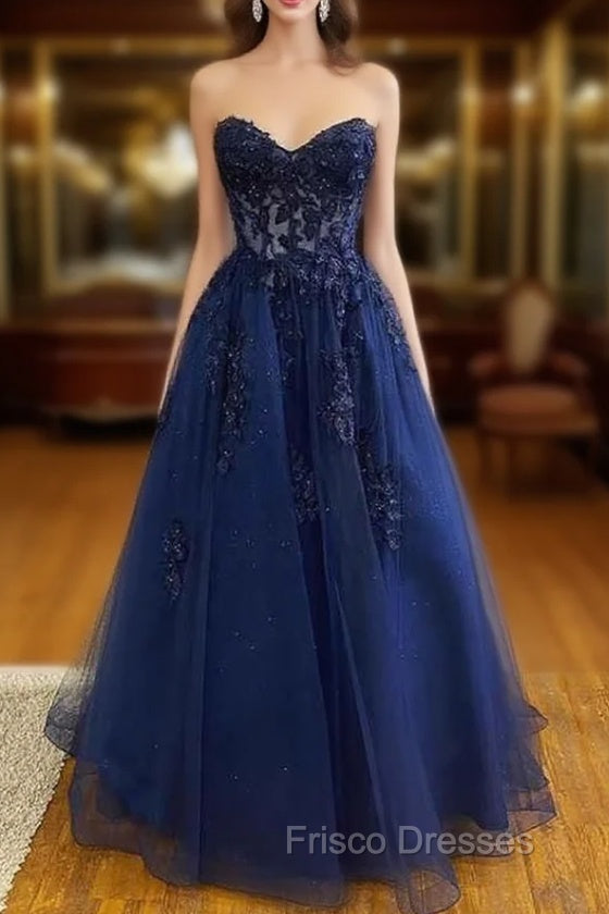 A-line Sweetheart Strapless Long/Floor-Length Tulle Formal Prom Dress With Appliqued Sequins Glitter
