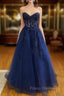 A-line Sweetheart Strapless Long/Floor-Length Tulle Formal Prom Dress With Appliqued Sequins Glitter