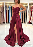 A-line Sweetheart Strapless Sweep Train Charmeuse Prom Dresses With Pleated Split