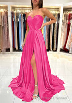 A-line Sweetheart Strapless Sweep Train Charmeuse Prom Dresses With Pleated Split