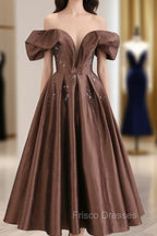 A-Line Tea length Brown Formal Prom Dress, Off Shoulder Brown Formal Dress with Beading