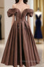 A-Line Tea length Brown Formal Prom Dress, Off Shoulder Brown Formal Dress with Beading
