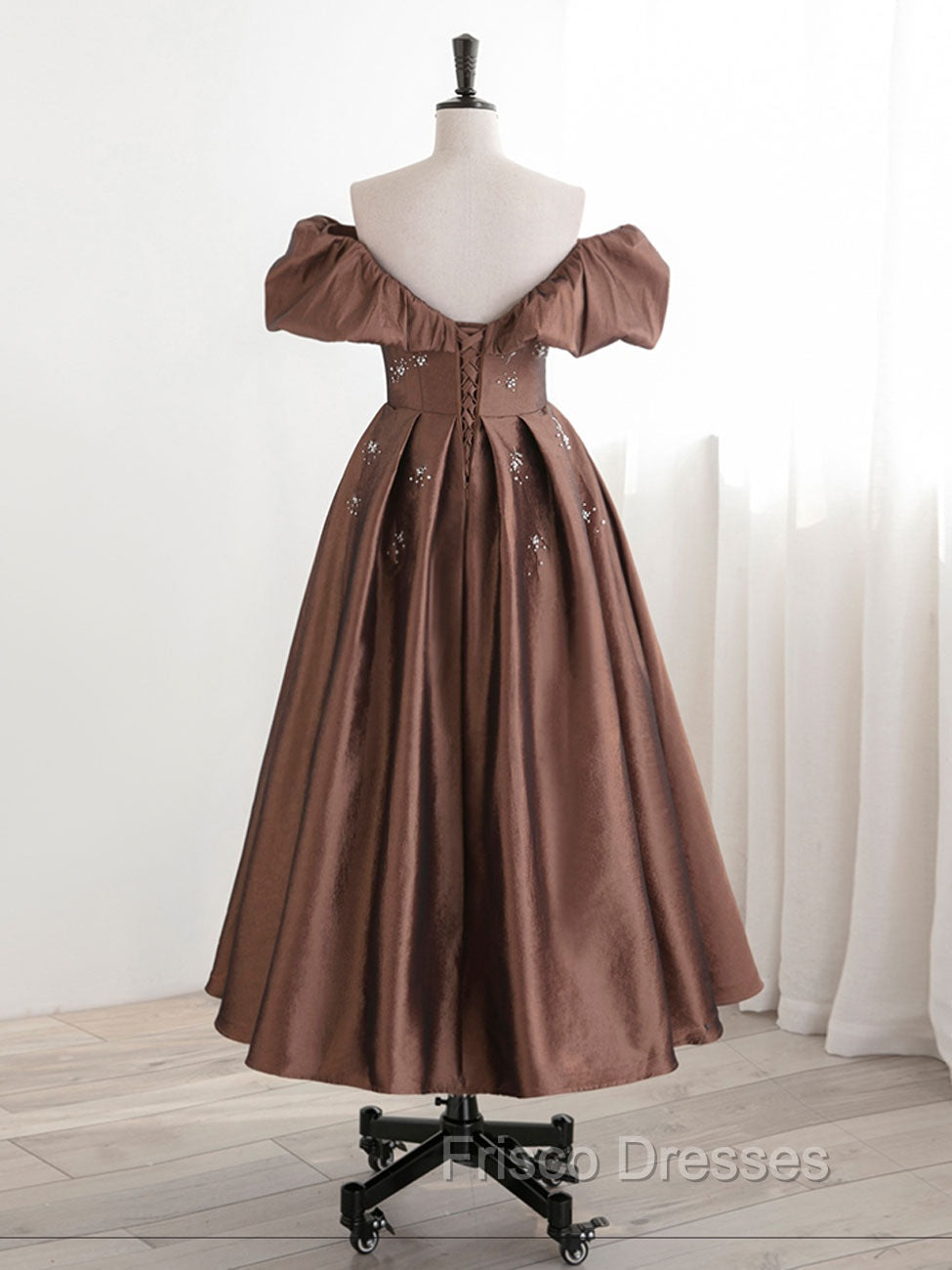 A-Line Tea length Brown Formal Prom Dress, Off Shoulder Brown Formal Dress with Beading