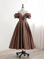 A-Line Tea length Brown Formal Prom Dress, Off Shoulder Brown Formal Dress with Beading