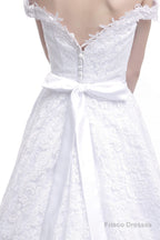 A Line Tea Length Lace Off Shoulder Mid-length Wedding Dresses