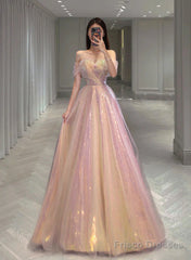 A Line Tulle And Sequins Long Party Dress, Off Shoulder Sequins Prom Dress