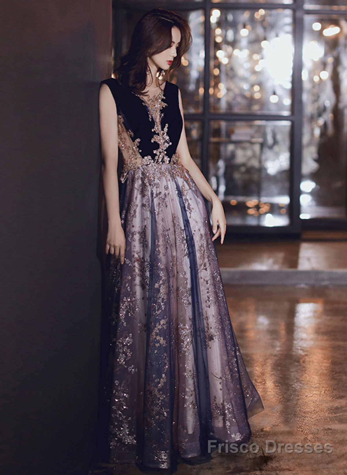 A-Line Tulle And Velvet Long Party Dress, Long Evening Dress With Lace Secondary image