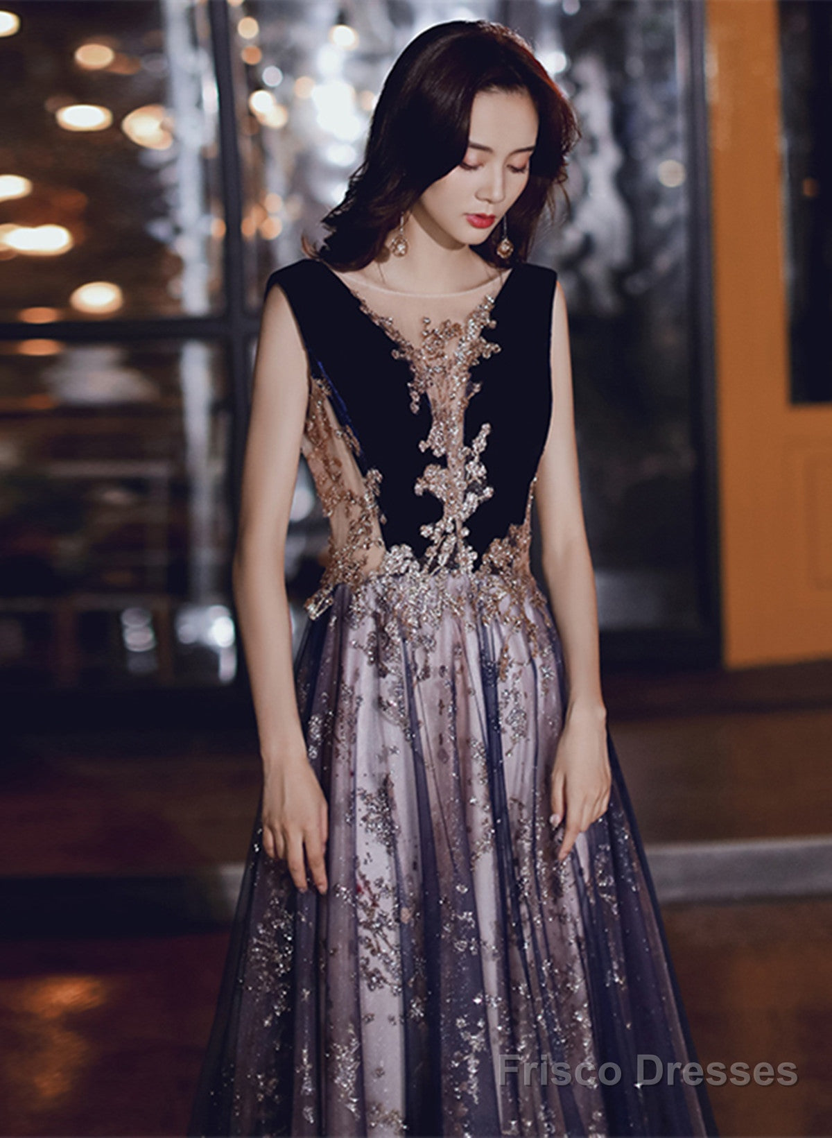 A-Line Tulle And Velvet Long Party Dress, Long Evening Dress With Lace Main image