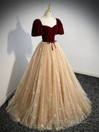A-line Tulle and Velvet Short Sleeves Party Dress, Sweetheart Long Formal Prom Dress