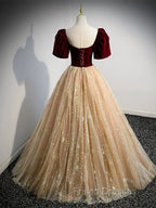 A-line Tulle and Velvet Short Sleeves Party Dress, Sweetheart Long Formal Prom Dress