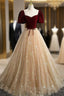 A-line Tulle and Velvet Short Sleeves Party Dress, Sweetheart Long Formal Prom Dress