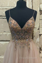 A-Line Tulle Beaded Long Formal Prom Dress, Cute V-Neck Evening Party Dress