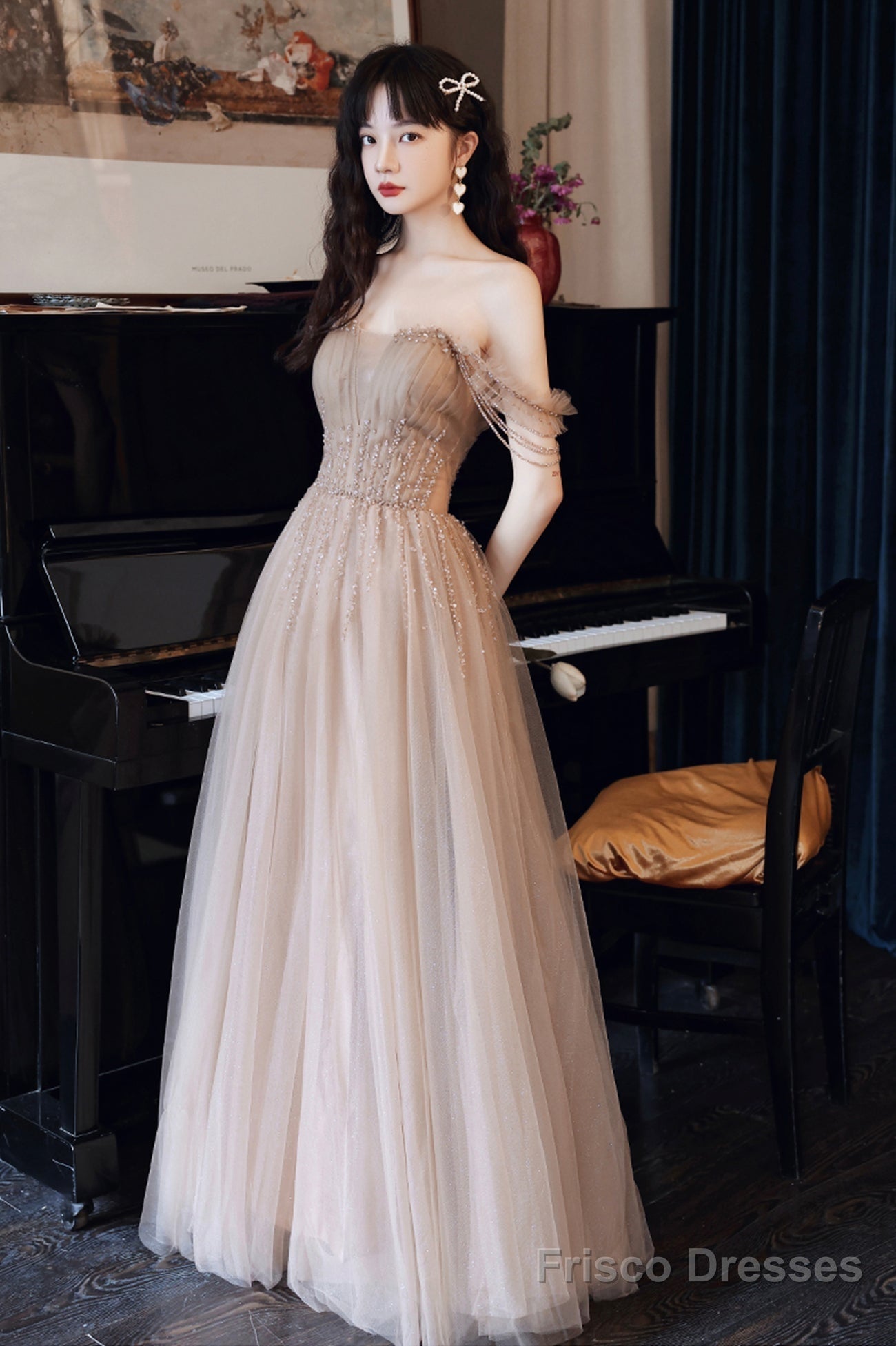A-Line Tulle Beaded Long Prom Dress, Evening Party Dress