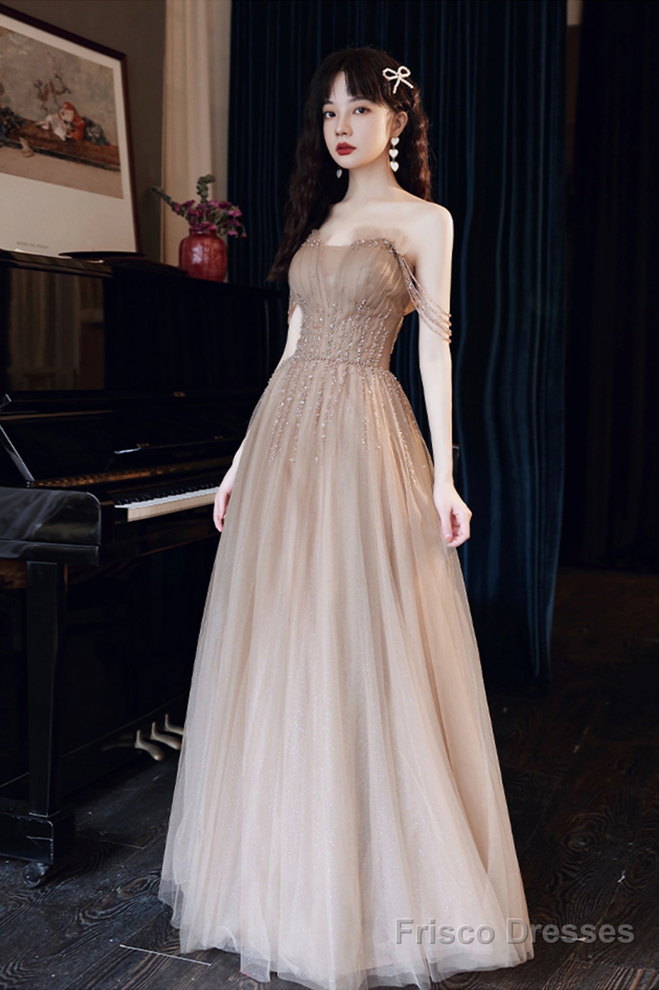 A-Line Tulle Beaded Long Prom Dress, Evening Party Dress Main image