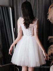 A-Line Tulle Beads White Short Prom Dress, White Homecoming Dress