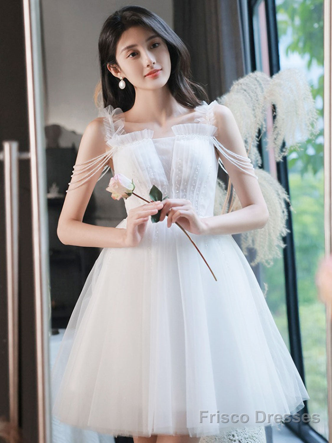 A-Line Tulle Beads White Short Prom Dress, White Homecoming Dress Main image