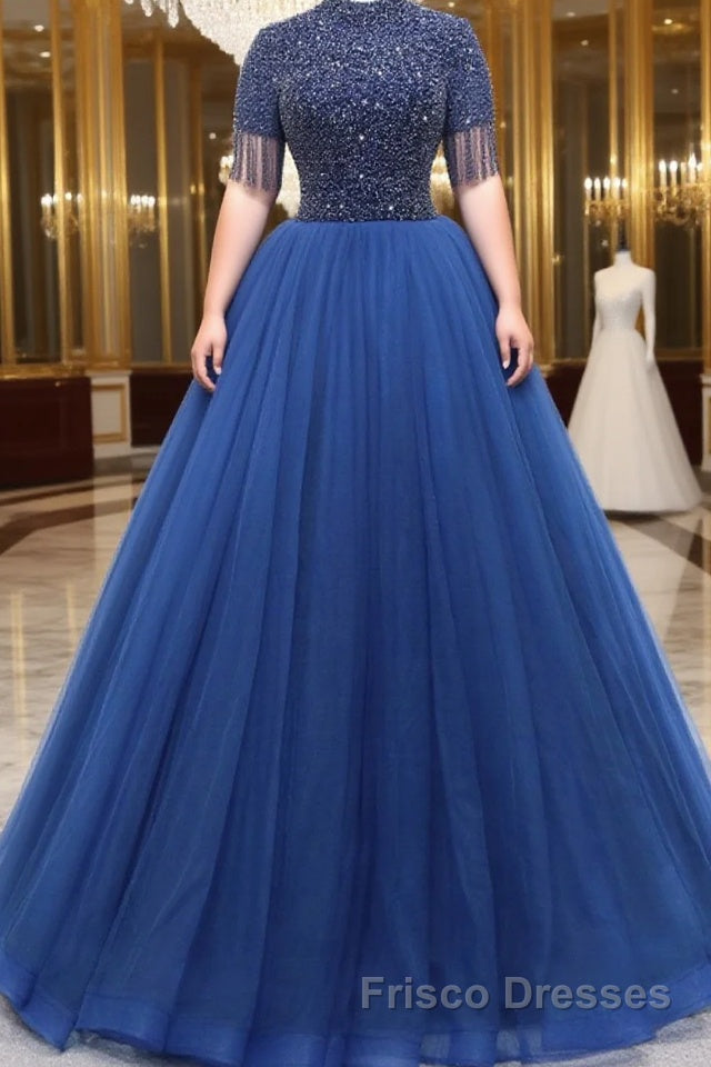 A-Line Tulle Blue Long Formal Prom Dresses, Blue Formal Evening Dresses with Beading Main image