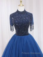 A-Line Tulle Blue Long Formal Prom Dresses, Blue Formal Evening Dresses with Beading