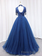A-Line Tulle Blue Long Formal Prom Dresses, Blue Formal Evening Dresses with Beading