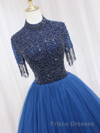 A-Line Tulle Blue Long Formal Prom Dresses, Blue Formal Evening Dresses with Beading