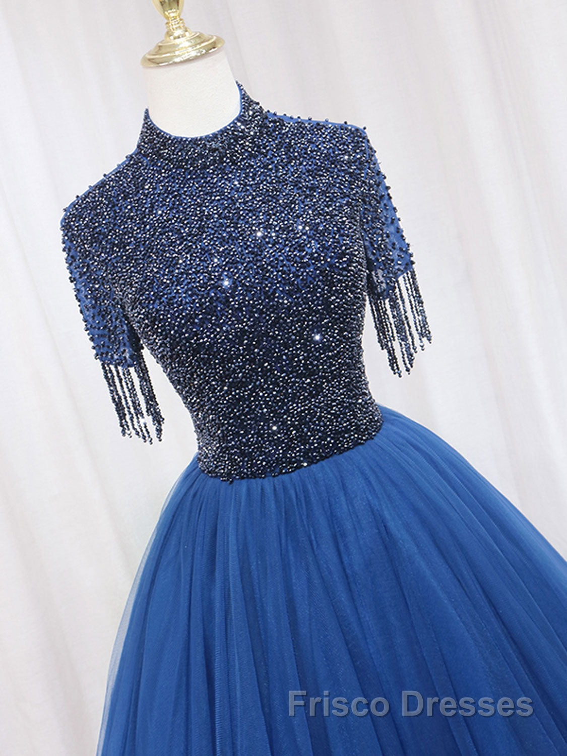 A-Line Tulle Blue Long Formal Prom Dresses, Blue Formal Evening Dresses with Beading