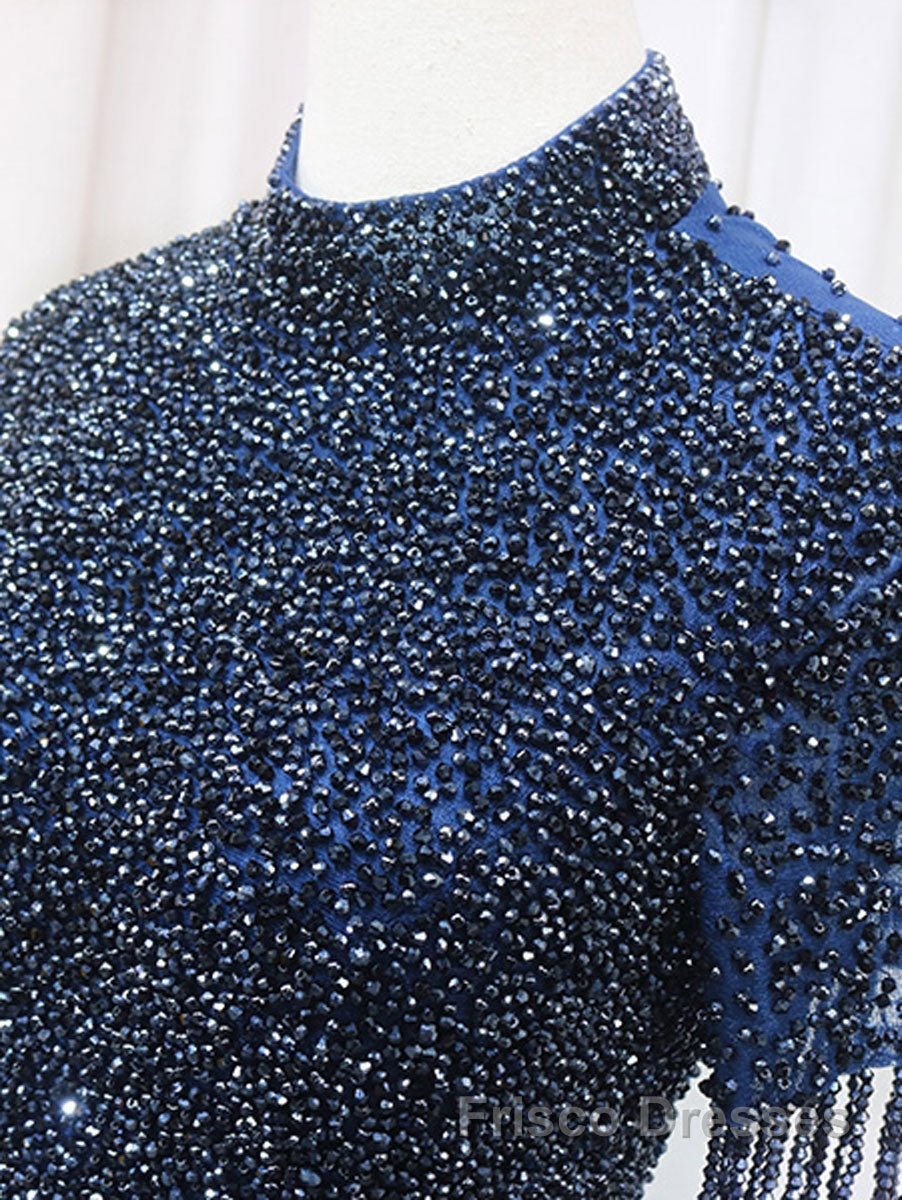 A-Line Tulle Blue Long Formal Prom Dresses, Blue Formal Evening Dresses with Beading