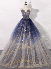 A-Line Tulle Blue Long Prom Dress, Blue Tulle Long Evening Dresses