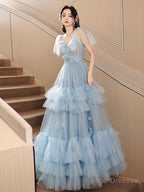 A-Line Tulle Blue Long Prom Dress, Blue Tulle Long Evening Formal Dress
