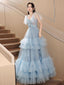 A-Line Tulle Blue Long Prom Dress, Blue Tulle Long Evening Formal Dress
