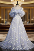 A-line Tulle Blue Off Shoulder Formal Prom Dress, Long Evening Dress Party Dress