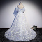 A-line Tulle Blue Off Shoulder Formal Prom Dress, Long Evening Dress Party Dress