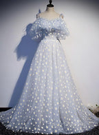 A-line Tulle Blue Off Shoulder Formal Prom Dress, Long Evening Dress Party Dress
