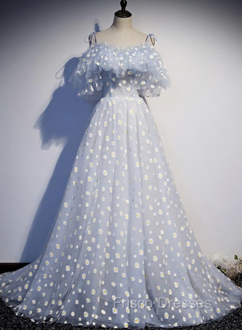 A-line Tulle Blue Off Shoulder Formal Prom Dress, Long Evening Dress Party Dress