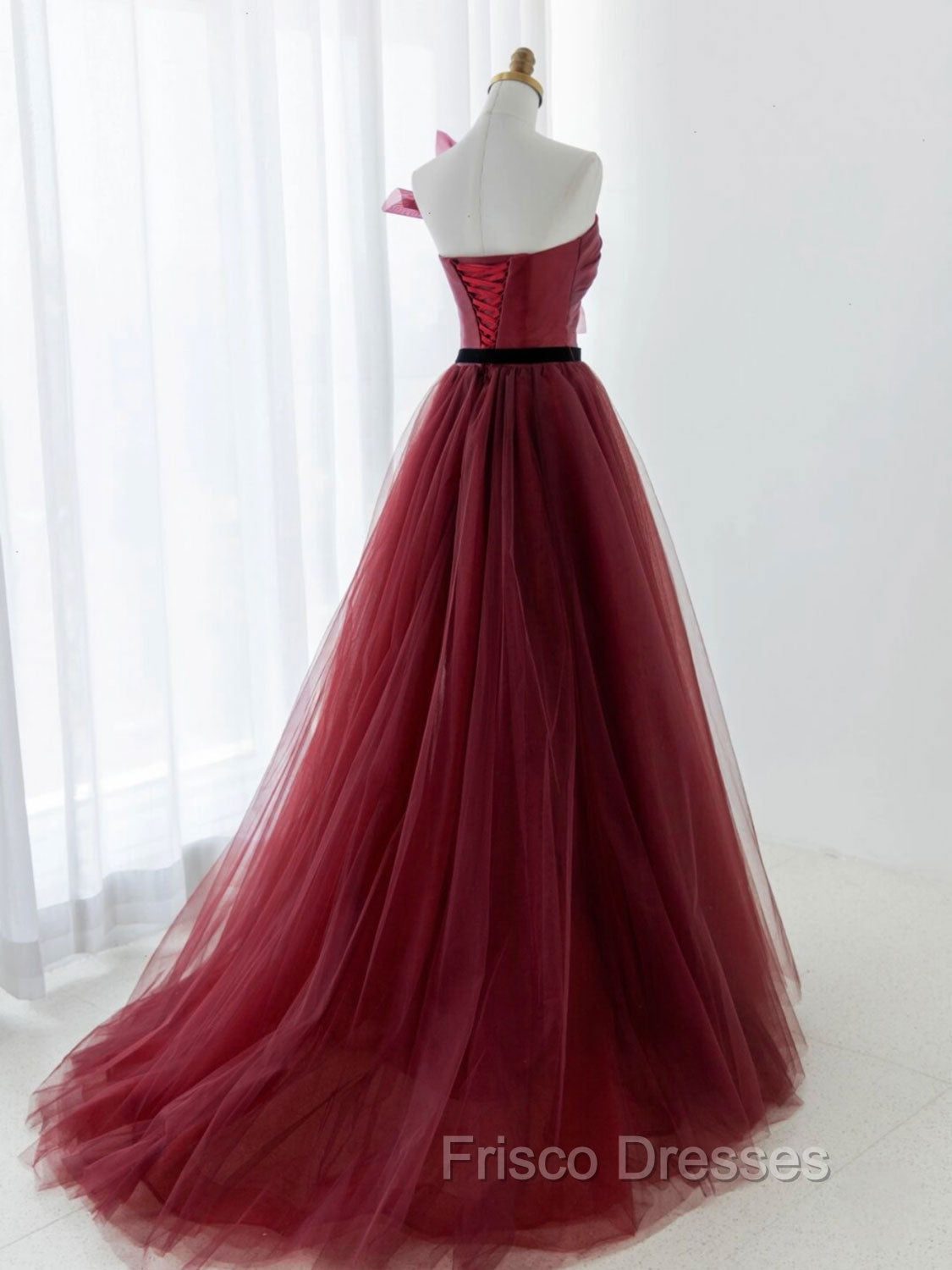 A-Line Tulle Burgundy Long Formal Prom Dress, Burgundy Formal Evening Dress Secondary image