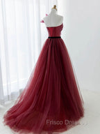 A-Line Tulle Burgundy Long Formal Prom Dress, Burgundy Formal Evening Dress