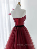 A-Line Tulle Burgundy Long Formal Prom Dress, Burgundy Formal Evening Dress
