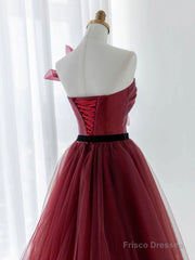 A-Line Tulle Burgundy Long Prom Dress, Burgundy Formal Evening Dress