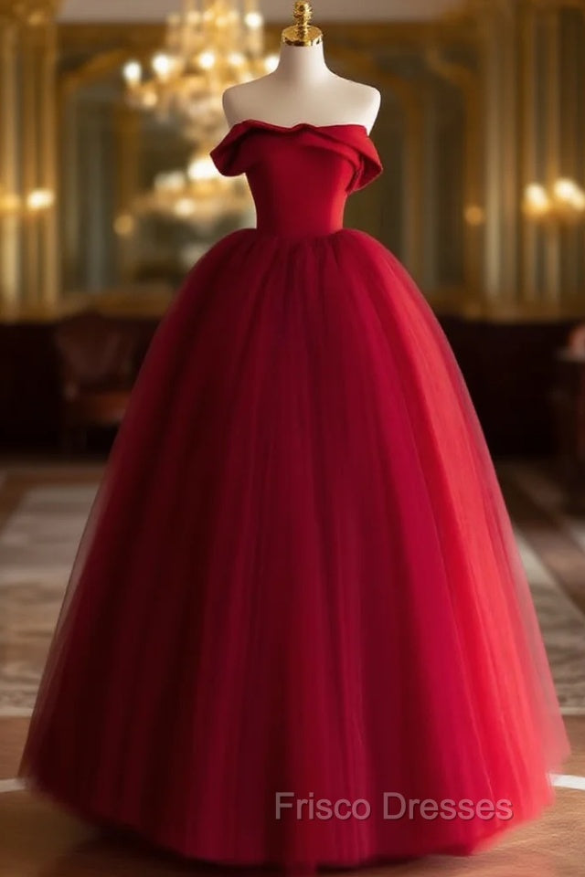 A-Line Tulle Burgundy Long Formal Prom Dress, Burgundy Long Formal Dress Main image