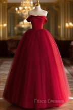 A-Line Tulle Burgundy Long Formal Prom Dress, Burgundy Long Formal Dress