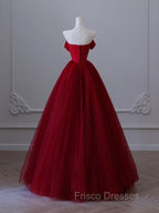 A-Line Tulle Burgundy Long Formal Prom Dress, Tulle Burgundy Long Formal Dress