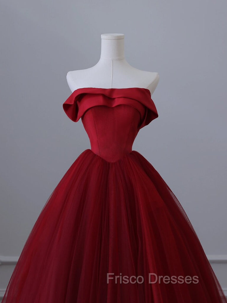 A-Line Tulle Burgundy Long Formal Prom Dress, Tulle Burgundy Long Formal Dress