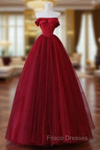A-Line Tulle Burgundy Long Formal Prom Dress, Tulle Burgundy Long Formal Dress